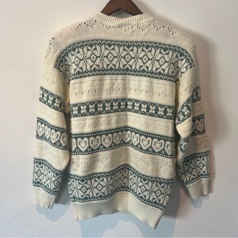Vintage Cream Semi Open Knit Pullover Sweater Hearts Snowflakes Longline - Picture 7 of 8